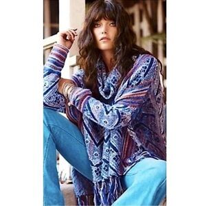 Free People Be The One Multicolor Cowl Neck Fringe Detail Poncho Sweater